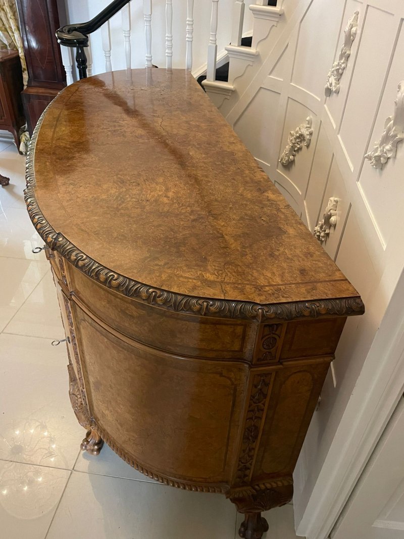 Outstanding Quality Large Antique Carved Burr Walnut Bow Fronted Sideboard - Image 12